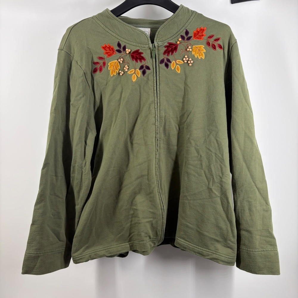 Mandal Bay Womens Large Green Fall Leaf Embroidered Zip Up Cotton Sweatshirt